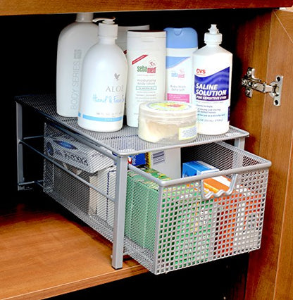 Deco Brothers Stackable Pull Out Cabinet Sliding Basket with Divider, Large | Under Sink Organizer, Silver - color: Silver