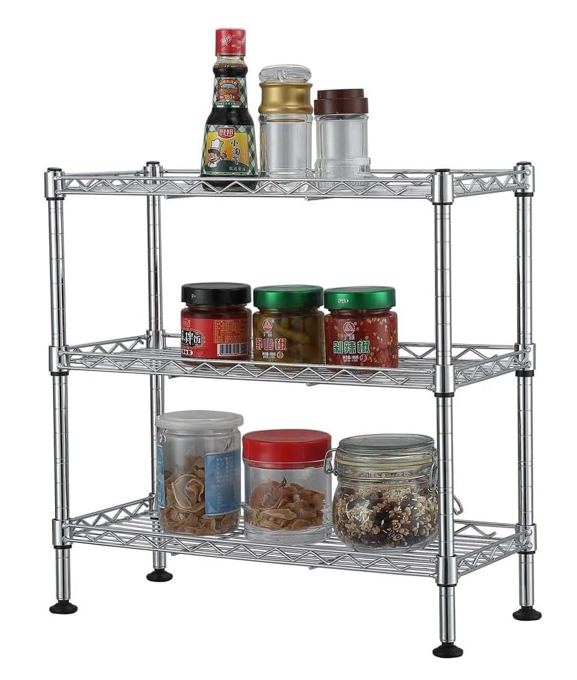 FOXHOLE 3-Tier Steel Metal Storage Rack Wire Shelving for Bathrooms, Closets, Kitchen, Pantry, Adjustable Shelves, Silver Finish, 17.72" L x 7.87" W x 17.72" H - size: 17.72"W x 7.87"D x 17.72"H