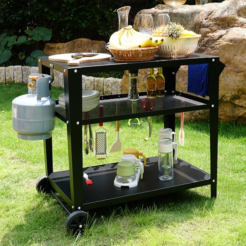 LEETOLLA Outdoor Grill Cart with Wheels, BBQ Prep Table | 3-Tier Rolling Cart, 200LBS Capacity, Cooking Station, Grill Stand, Metal Cart - color: Black