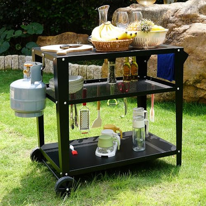 LEETOLLA Outdoor Grill Cart with Wheels, BBQ Prep Table | 3-Tier Rolling Cart, 200LBS Capacity, Cooking Station, Grill Stand, Metal Cart - color: Black