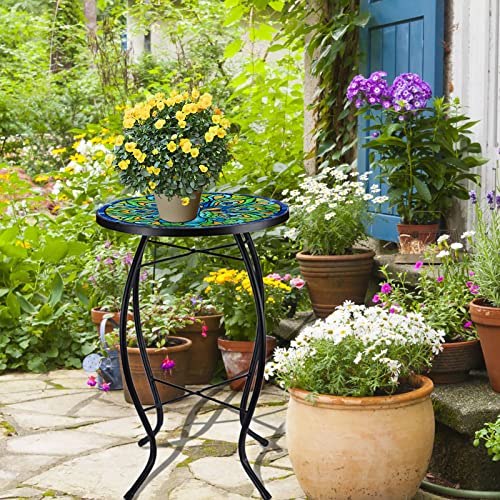 VCUTEKA Patio Side Table Outdoor Accent Table Bistro Coffee Table Plant End Table Small Porch Table Indoor Round Glass Balcony Plant Table Stands Peacock - color: Peacock