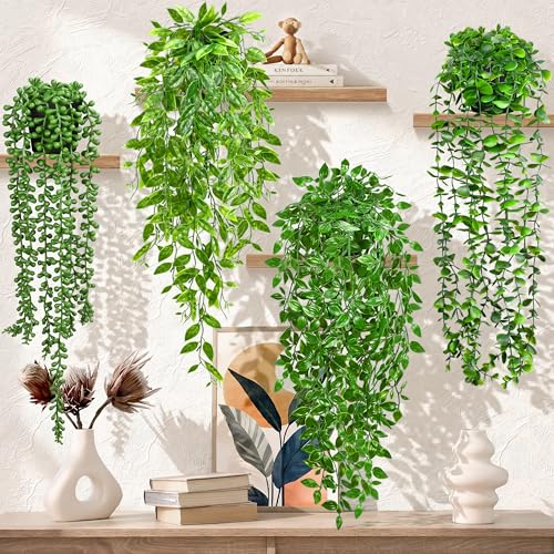 Palonu 4 Pack Faux Artificial Hanging Plants, UV Resistant Fake Potted Greenery with Eucalyptus Vine, Mandala, Pea Pod Leaves & String of Pearls in Pots for Living Room Bathroom Indoor Outdoor Décor
