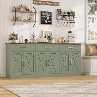 HOSTACK 71" W Kitchen Sideboard Buffet Cabinet with Storage, Green/Brown | Farmhouse Coffee Bar Cabinet with Wide Drawers, Large Buffet Table with Shelves, Long Kitchen Storage Cabinet for Dining Room - color: Green/Brown