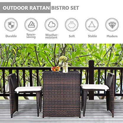 Giantex 3 PCS Cushioned Outdoor Wicker Patio Set Convention Bistro Set with Patio Sofa Chairs Garden Lawn Space Saving Conversation Furniture No Assembly (Light Brown) - color: Light Brown