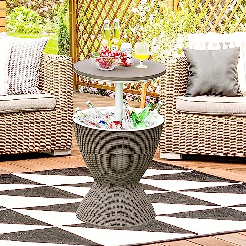 Tangkula Outdoor Cool Bar Table, Rattan Style Patio 8 Gallon Beer and Wine Cooler, All-Weather Ice Bucket w/Height Adjustable Top, Drainage Plug, 3-in-1 Cocktail Coffee Table for Party, Pool (Coffee) - color: Coffee
