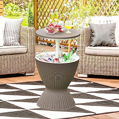 Tangkula Outdoor Cool Bar Table, Rattan Style Patio 8 Gallon Beer and Wine Cooler, All-Weather Ice Bucket w/Height Adjustable Top, Drainage Plug, 3-in-1 Cocktail Coffee Table for Party, Pool (Coffee) - color: Coffee