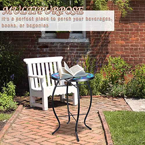 VCUTEKA Mosaic Patio Side Table Outdoor Accent Table Bistro Coffee Table Plant End Table Small Porch Table Indoor Round Glass Balcony Hummingbird Plant Table Stands - color: Hummingbird