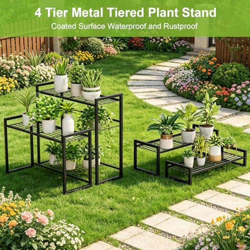 VyGrow Plant Stand, 4 Tier Widened Stackable Tiered Plant Stand, Upgraded Scalable Heavy Duty Tall Plant Shelf for Indoor Outdoor, Garden, Display Shelves, Flower Pot Holder, Black - color: Black 9.84"W