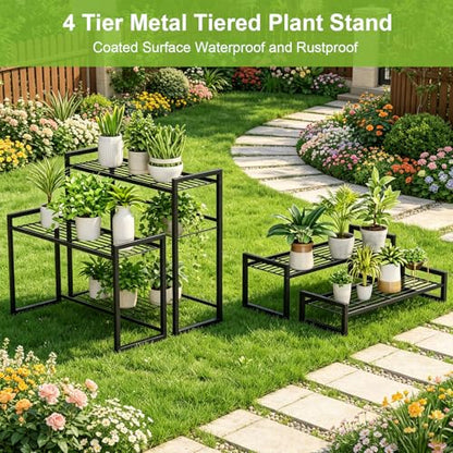 VyGrow Plant Stand, 4 Tier Widened Stackable Tiered Plant Stand, Upgraded Scalable Heavy Duty Tall Plant Shelf for Indoor Outdoor, Garden, Display Shelves, Flower Pot Holder, Black - color: Black 9.84"W