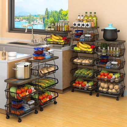Metal Wire Baskets with Wheels, Kitchen Organizer, 6 Tier Stackable Storage Containers, Fruit and Vegetable Trolley, Dish Rack for Bathroom, Garage and Pantry