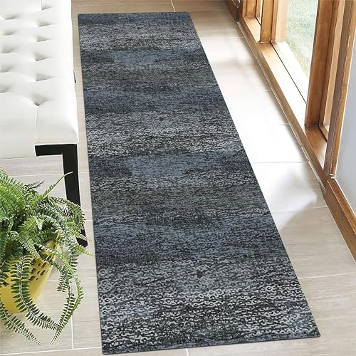RUGSURE Washable Area Rug - 1/6 Thick - Stain & Water Resistant Non-Slip - Resistant Rug for Living Room, Bedroom, Nursery, Pet & Child Friendly, Vintage Charm Area Rugs (Darkgrey+Bule, 2'6'' x 8') - color: Depth-darkgrey+bule, size: 2'6" x 8' (Rectangula