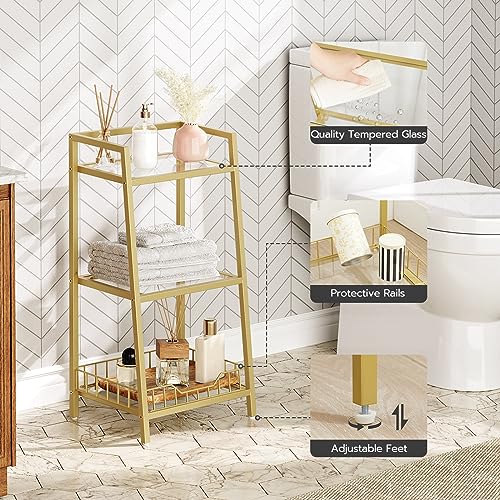 HOOBRO Gold Glass Shelf Stand, 3 Tier Standing Shelf Unit, Bathroom Organizer and Storage, Floor Storage Shelves Waterproof, for Bathroom, Laundry, Toilet, Tempered Glass, Gold GD77CJ01 - size: 15" L x 11.8" W x 30.3" H