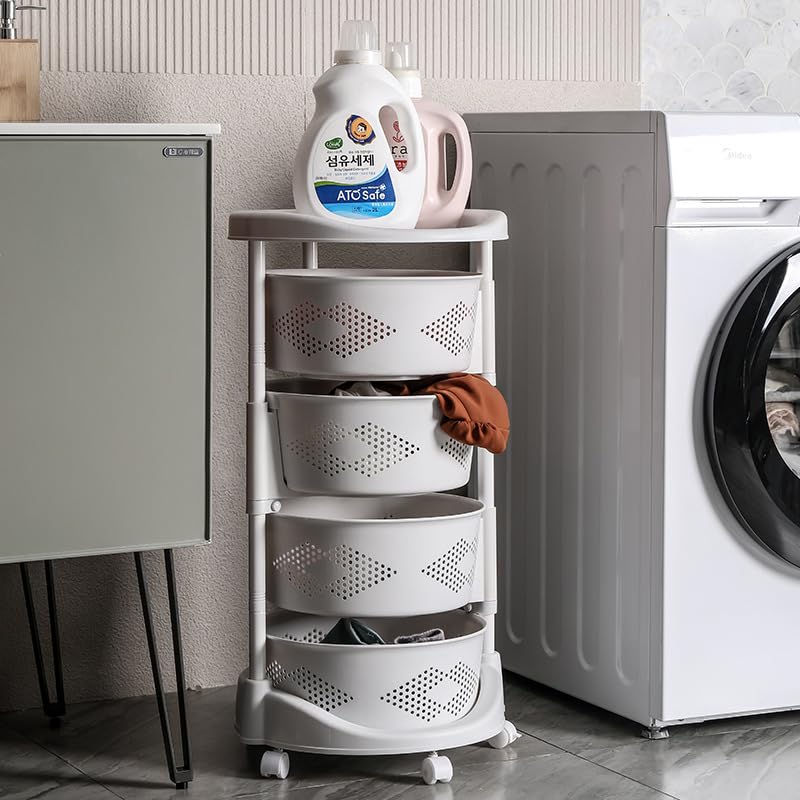 4-Tier Adjustable Kitchen Storage Rack,4 Layer Rotating Vegetable Organizer with Lockable Casters,Multi-Layers Rotatable Baskets for Kitchen Bathroom Living Room,White - size: 4-Tier