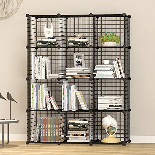 UNICOO® 14x14 Inch Multi Use DIY Bookcase & Shelf | Closet Organizers and Storage Cabinet - 12 Cube Wire Grid Organizer, Wardrobe Closet Organizer, Storage Shelves for Bedroom (12-Black Wire) - size: 12 Cube