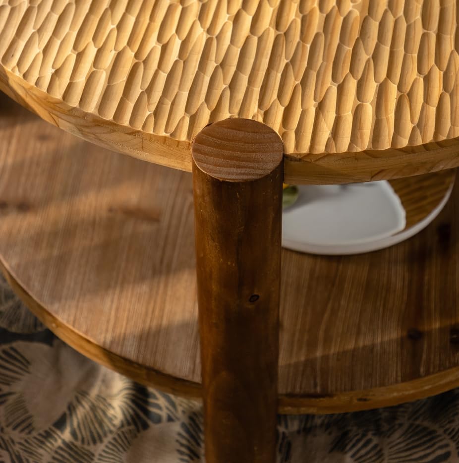34.65'' Round Coffee Table 2-Tier for Living Room, Modern Mid-Century Circle Carved Handcrafted Solid Wood Coffee Table, Easy Assembly, Natural - color: Ø34.65''-natural Wood