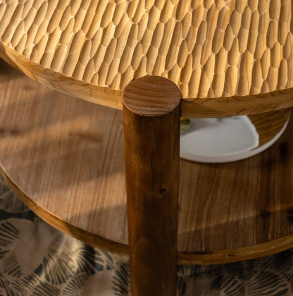 34.65'' Round Coffee Table 2-Tier for Living Room, Modern Mid-Century Circle Carved Handcrafted Solid Wood Coffee Table, Easy Assembly, Natural - color: Ø34.65''-natural Wood
