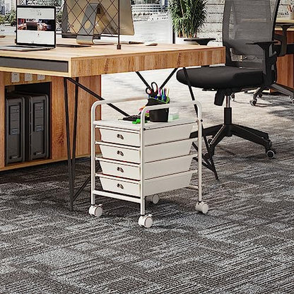 4-Tier Utility Cart with 4 Drawers, Rolling Utility Cart with 2 Lockable Caster Wheels, Multipurpose Mobile Rolling Drawer Cart for Office Bathroom Kitchen, Ivory White - size: White, 4-Tier