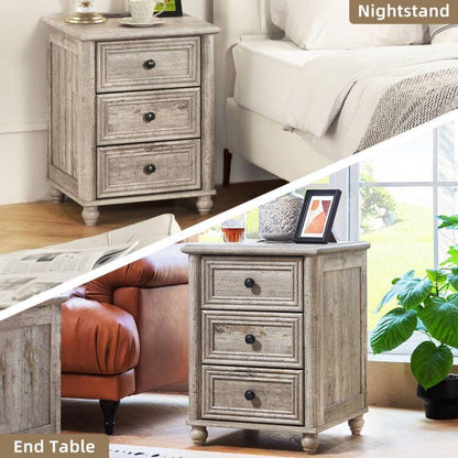 RWYHG 18" Night Stand with Charger Station, Nightstand with 3 Drawers | Farmhouse Modern Bedside Table, Metal Handle, Roman Column Legs, Grey Bed Side End Tables for Bedroom Living Room - color: Gray Oak, size: 18"D x 18"W x 24"H (3 Drawers)