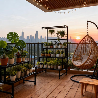4-Tier Metal Plant Stand on Wheels, 31x24x65 H, 440 lbs Cap. | Sturdy Black Iron Tiered Plant Stand, Stair Shape Display Rack for Indoor & Outdoor Use in Home, Garden, Retail - size: 31in