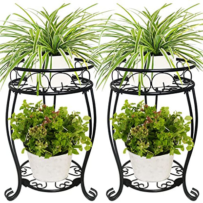 2 Pack 19.2 inch Metal Plant Stand Rack for Round Flower Pot, 2 Tier Potted Holder Indoor Outdoor Rustproof Wrought Iron Heavy Duty Planter Shelf for Corner Living Room Balcony Garden Patio, Black