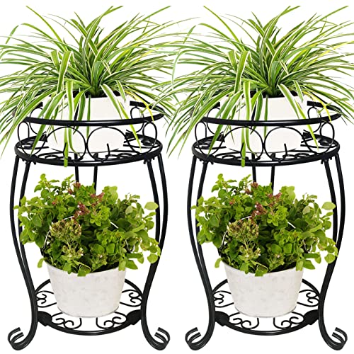 2 Pack 19.2 inch Metal Plant Stand Rack for Round Flower Pot, 2 Tier Potted Holder Indoor Outdoor Rustproof Wrought Iron Heavy Duty Planter Shelf for Corner Living Room Balcony Garden Patio, Black