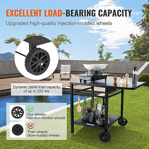 VEVOR Outdoor Grill Dining Cart with Double-Shelf, BBQ Movable Food Prep Table, Multifunctional Foldable Iron Table Top, Portable Modular Carts for Pizza Oven, Worktable with 2 Wheels, Carry Handle - size: 21.65"D x 21.65"W x 29.72"H, style: Iron Table To
