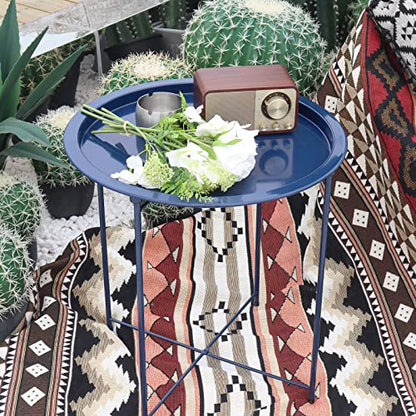 Garden 4 you End Table Metal Side Table Blue Round Folding Tray Cyan Sofa Small Accent Fold-able Table, Round End Table Tray, Next to Sofa Table, Snack Table for Living Room and Bed Room - color: Dark Blue