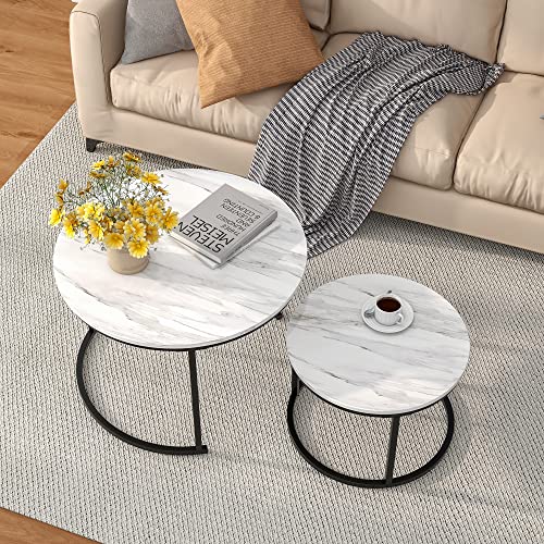 HOJINLINERO Round Coffee Table,Nesting Coffee Table Set of 2,Center Tables for Living Room,Office, Home Small Space,Stacking Side Tables,Sturdy and Easy Assembly,Wood Desktop,Black+White,Large - color: White, size: Large