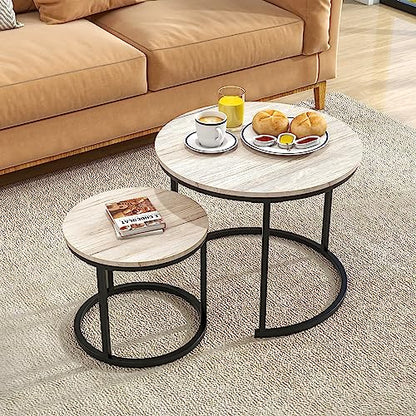 HOJINLINERO Round Coffee Table,Nesting Coffee Table Set of 2,Center Tables for Living Room,Office, Home Small Space,Stacking Side Tables,Sturdy and Easy Assembly,Wood Desktop,Black+White Oak,Small - color: Oak, size: Small