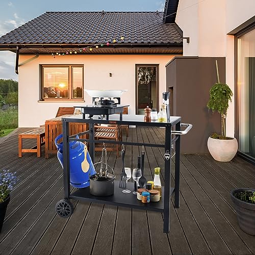 VEVOR Outdoor Grill Cart with Double-Shelf, BBQ Movable Food Prep Table with PVC Placemat, Black Iron Table Top, Portable Modular Carts for Pizza Oven, Worktable with 2 Wheels, Carry Handle - size: 21.7"D x 33.5"W x 32.9"H, style: Iron Table Top