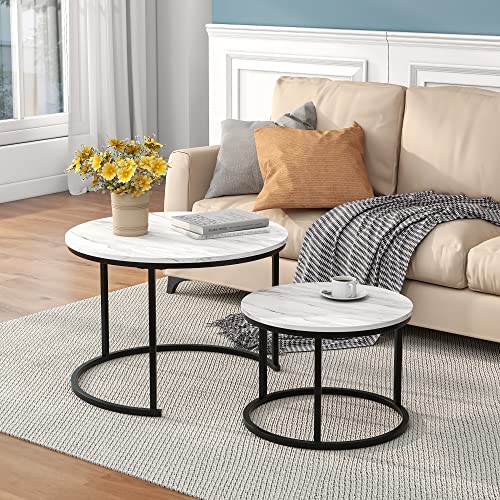 HOJINLINERO Round Coffee Table,Nesting Coffee Table Set of 2,Center Tables for Living Room,Office, Home Small Space,Stacking Side Tables,Sturdy and Easy Assembly,Wood Desktop,Black+White,Large - color: White, size: Large