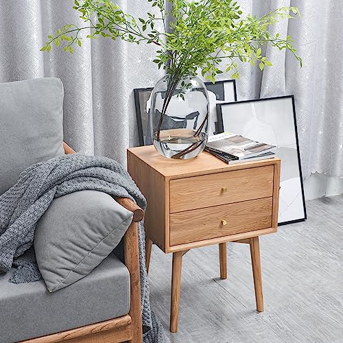 Night Stand, Midcentury Modern Solid Wood Nightstand with Drawer, Durable Sturdy Tall Bedside Tables with High Stool Leg, 17.72 W x 13.78 D x 23.63 H Inches (Natural)