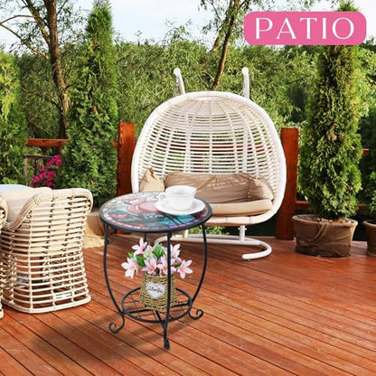 Cinnvoice Outdoor Side Table Round Small Mosaic Patio Accent Indoor End Plant Coffee Tea Table for Yard Patio Porch Garden Living Room, Bedroom(Flamingo Style,12 Inch) - size: 12 Inch, style: Flamingo Style