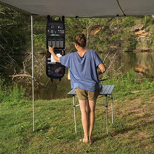 Camp Kitchen Organizer, High Capacity Camping Cooking Utensils Bag, with Hanging Hooks and Paper Towel Holder, Multi-pocket Waterproof Portable Storage for BBQ Outdoor Cooking Essentials