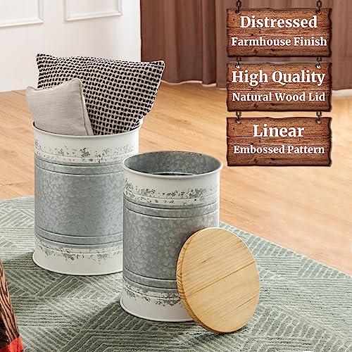 Glitzhome Rustic End Table Set of 2, Farmhouse Galvanized Metal Barrel Ottoman Storage Stool with Round Wood Lid for Living Room Furniture, Distressed White - color: Distressed White