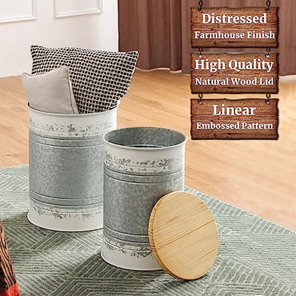 Glitzhome Rustic End Table Set of 2, Farmhouse Galvanized Metal Barrel Ottoman Storage Stool with Round Wood Lid for Living Room Furniture, Distressed White - color: Distressed White