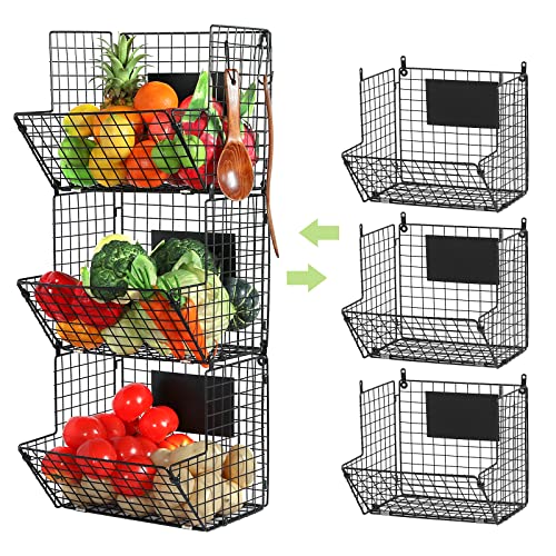 X-cosrack Metal Wire Basket Wall Mount, 3 Tier Wall Storage Basket Organizer with Hanging Hooks Chalkboards, Rustic Kitchen Fruit Produce Bin Rack Bathroom Tower Baskets (Black) - color: Black-3 Tiers