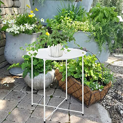 Garden 4 you End Table Metal Side Table White Round Folding Tray Cyan Sofa Small Accent Fold-able Table, Round End Table Tray, Next to Sofa Table, Snack Table for Living Room and Bed Room - color: White