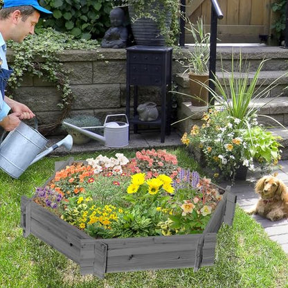Outsunny Wooden Raised Garden Bed, Hexagon Screwless Outdoor Planter Box Plants, Vegetables, Flowers, Herbs, 39" x 36" x 6", Gray - color: Gray, size: 39.25" x 36.25" x 6.25"