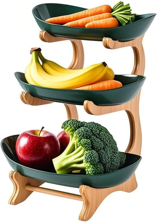 Fruit Bowl With Bamboo Wood Stand, Fruit&Vegetable Candy Dish Decor Basket for Kitchen Counter，Large Capacity Vegetable Storage Stand Snacks Rack Tray Plate Rack - color: Green, size: 3-Tier
