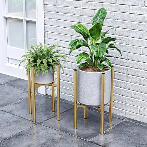 Adjustable Metal Plant Stand Indoor, Fits 8-14 Inch Pots, Mid Century Modern Gold Planter Holder,2 Heights, Heavy Duty 160 lb, Indoor Outdoor Corner Floor Pot Stand, Golden with Round Plate 2 Pack - color: golden-b 2 Pack