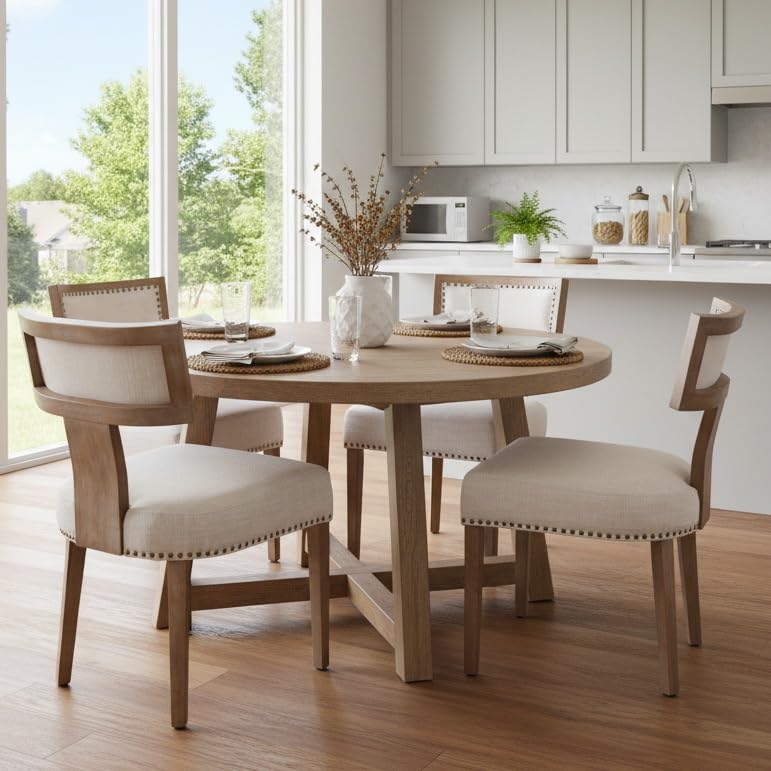 RIVOVA Mid Century Modern Dining Chairs Set of 4 Upholstered Linen Fabric Kitchen Dining Side Chairs with Nailhead Trim, Modern Kitchen Armless Solid Wood Dining Chairs, Beige - color: Beige Nailhead
