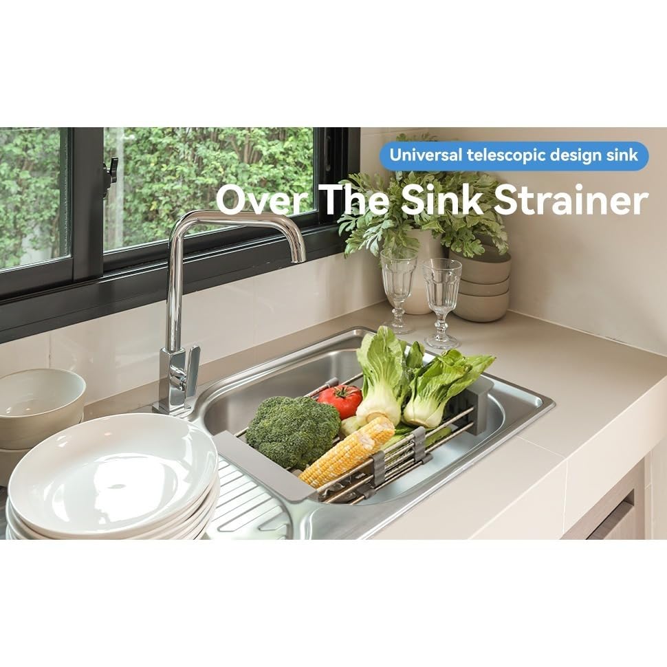 Adjustable Dish Drying Rack with Stainless Steel Drain Basket Over-The-Sink - Portable & Telescopic Space-Saving Solution for Fruit Vegetable