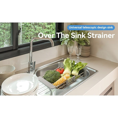 Adjustable Dish Drying Rack with Stainless Steel Drain Basket Over-The-Sink - Portable & Telescopic Space-Saving Solution for Fruit Vegetable