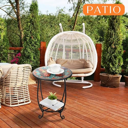 Cinnvoice Outdoor Side Table Round Small Mosaic Patio Accent Indoor End Plant Coffee Tea Table for Yard Patio Porch Garden Living Room, Bedroom(Butterfly B Style,18 Inch) - size: 18 Inch, style: Butterfly B Style