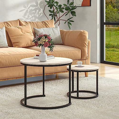 HOJINLINERO Round Coffee Table,Nesting Coffee Table Set of 2,Center Tables for Living Room,Office, Home Small Space,Stacking Side Tables,Sturdy and Easy Assembly,Wood Desktop,Black+White Oak,Small - color: Oak, size: Small