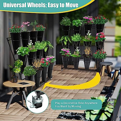 Flower Display Stand with 12 Black Round Buckets, 3 Layers Black Metal Plant Stand with Wheels, Moving Florist Bouquet Shelf for Fresh Flowers Shop Patio Garden Outdoor Flower Pop-Up Events