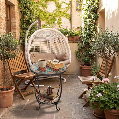 Cinnvoice Outdoor Side Table Round Small Mosaic Patio Accent Indoor End Plant Coffee Tea Table for Yard Patio Porch Garden Living Room, Bedroom(Butterfly B Style,16 Inch) - size: 16 Inch, style: Butterfly B Style