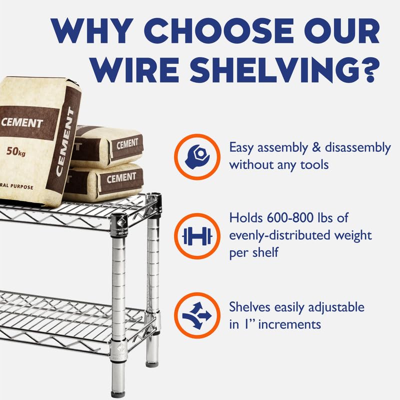 Shelving Inc. 8" d x 12" w Chrome Wire Shelving with 3 Tier Shelves, Weight Capacity 800lbs Per Shelf - size: 8" d x 12" w x 34" h