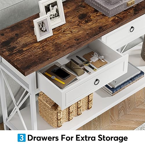 Tribesigns 70.8" Console Table with 3 Drawers, Farmhouse Entryway Table with Storage Shelf, Narrow Long Sofa Foyer Table for Entryway, Hallway (White/Brown) - color: White/Brown